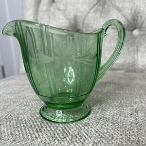 Vintage Glass Etched Green Flower Rose Creamer Small Pitcher Kitchen Coffee